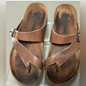 Mephisto Helen Leather Toe Loop Sandals Tan Grain Slide Size 39/9 Made In France